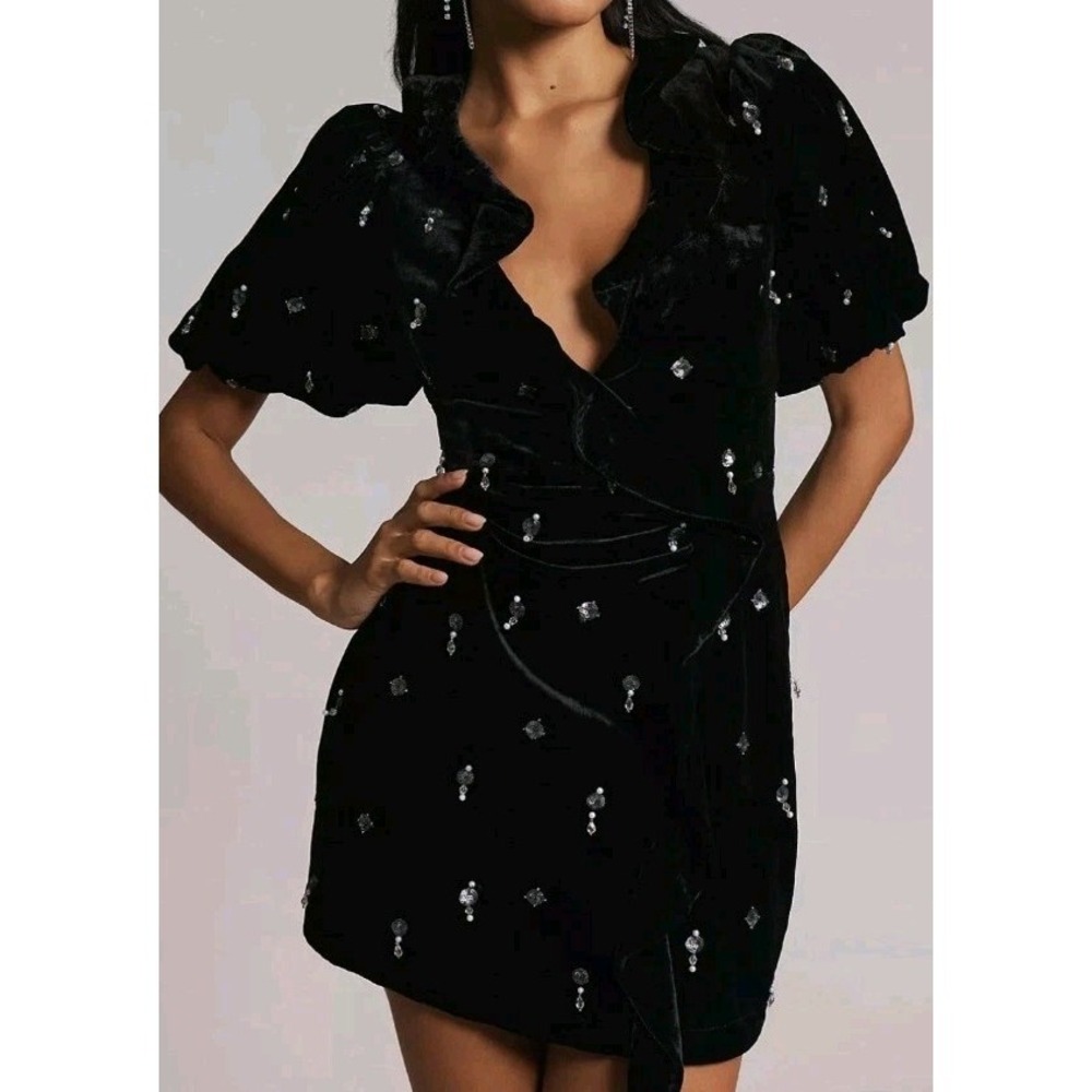 Anthropologie Maeve Embellished Dress Medium Black Jeweled Velvet Mini NWT $228